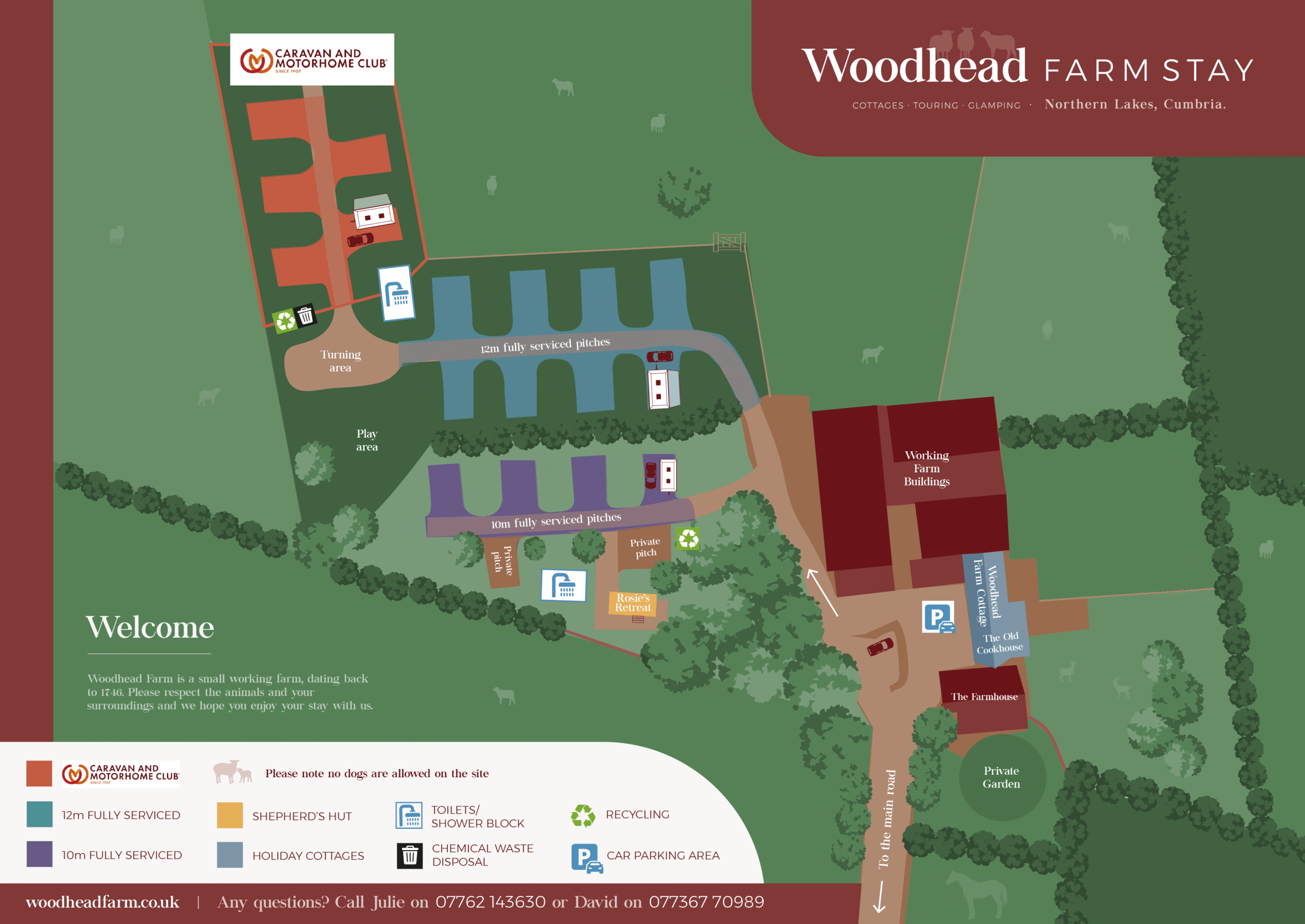 Map of Woodhead Farm showing the Caravan and Motorhome Club CL site, the main touring caravan and motorhome pitches, facilities block and access road near Penrith.